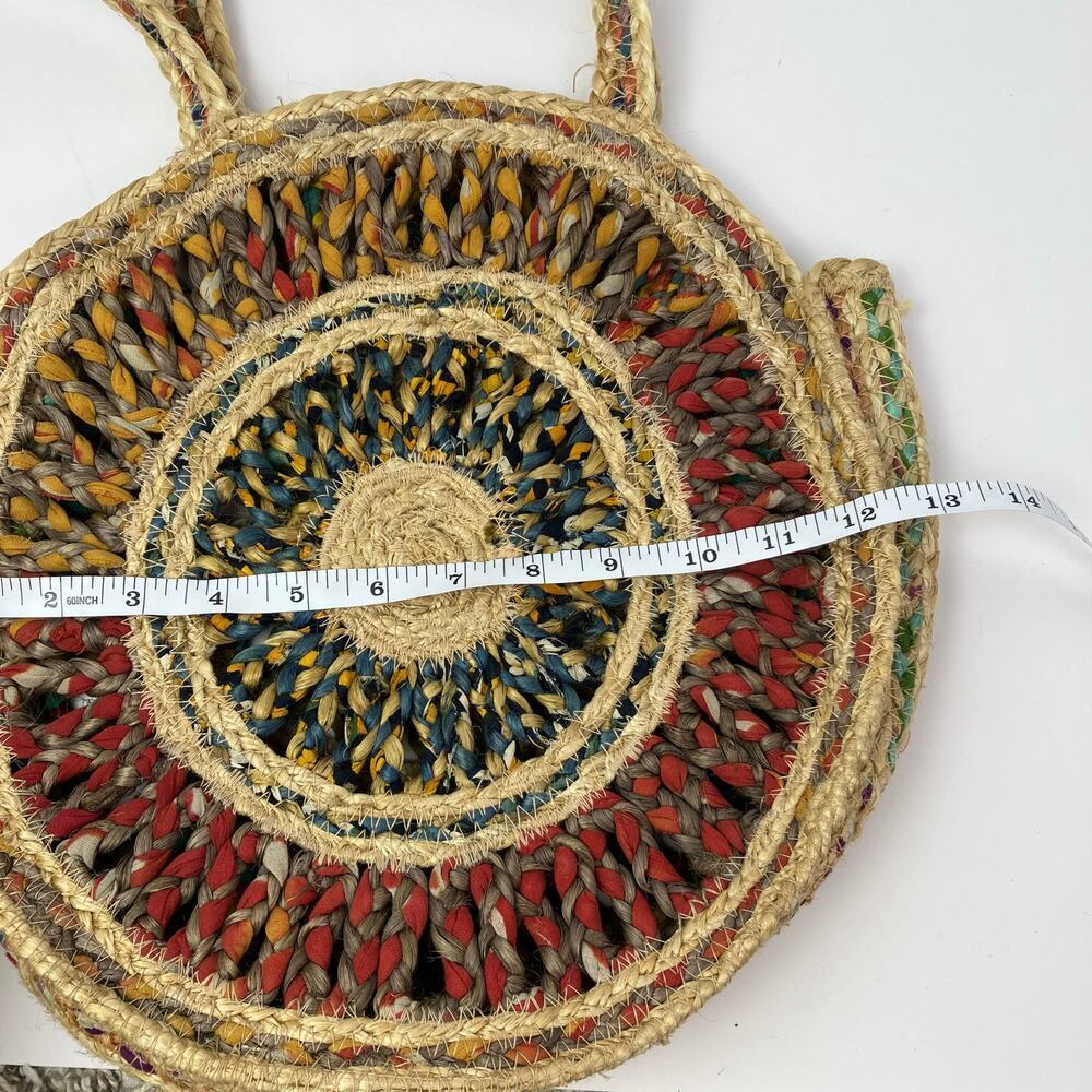Boho Colorful Recycled Woven Jute Bag Circle Shaped Shoulder Tote Beach Bag - Picture 14 of 16